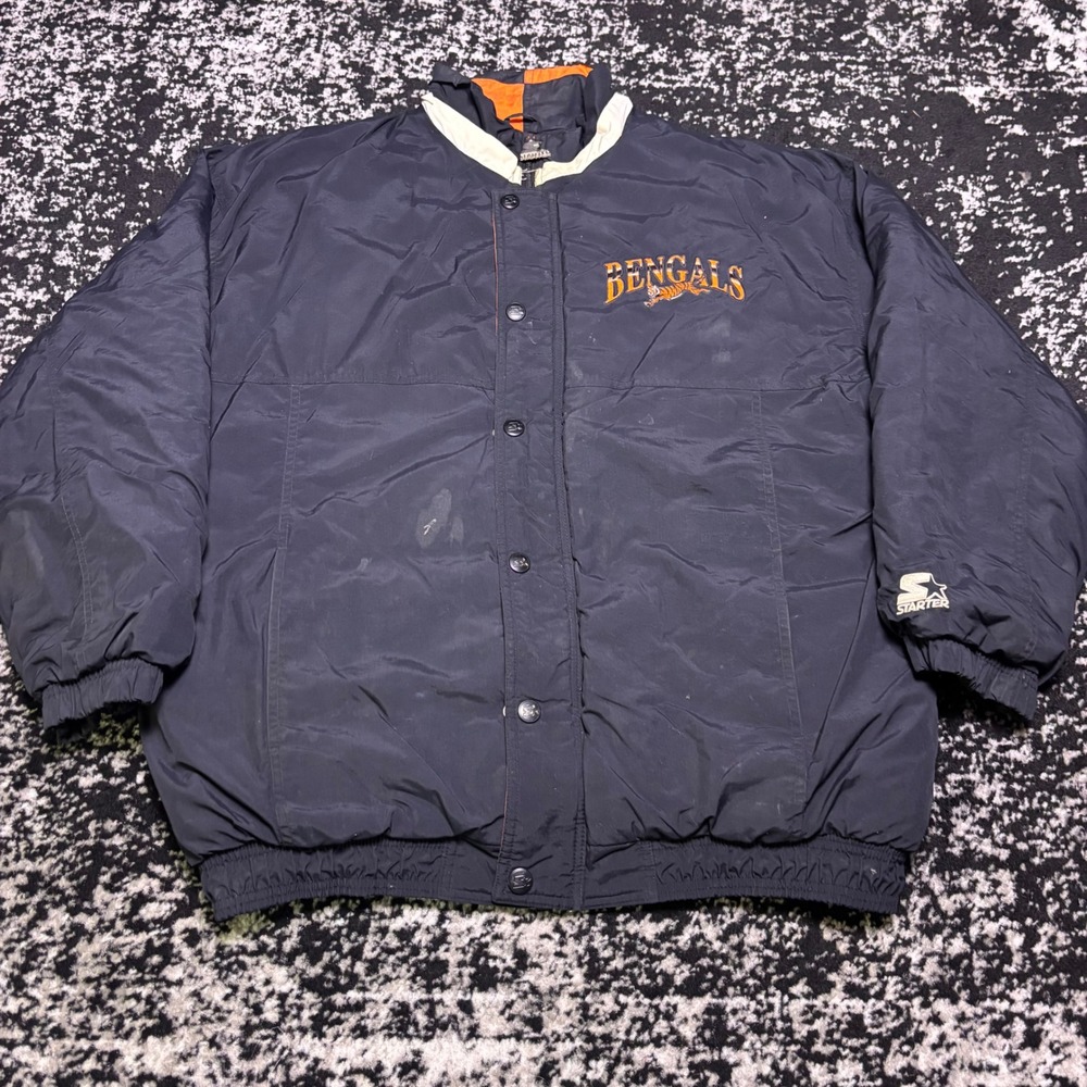 Vintage Starter NFL Cincinnati Bengals Puffer Jacket Black Orange Mens Large